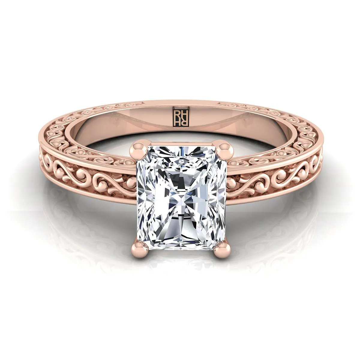 14K Rose Gold Radiant Cut Center Hand Engraved Scroll Vintage Solitaire Engagement Ring