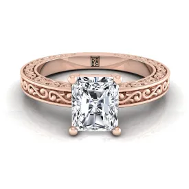 14K Rose Gold Radiant Cut Center Hand Engraved Scroll Vintage Solitaire Engagement Ring