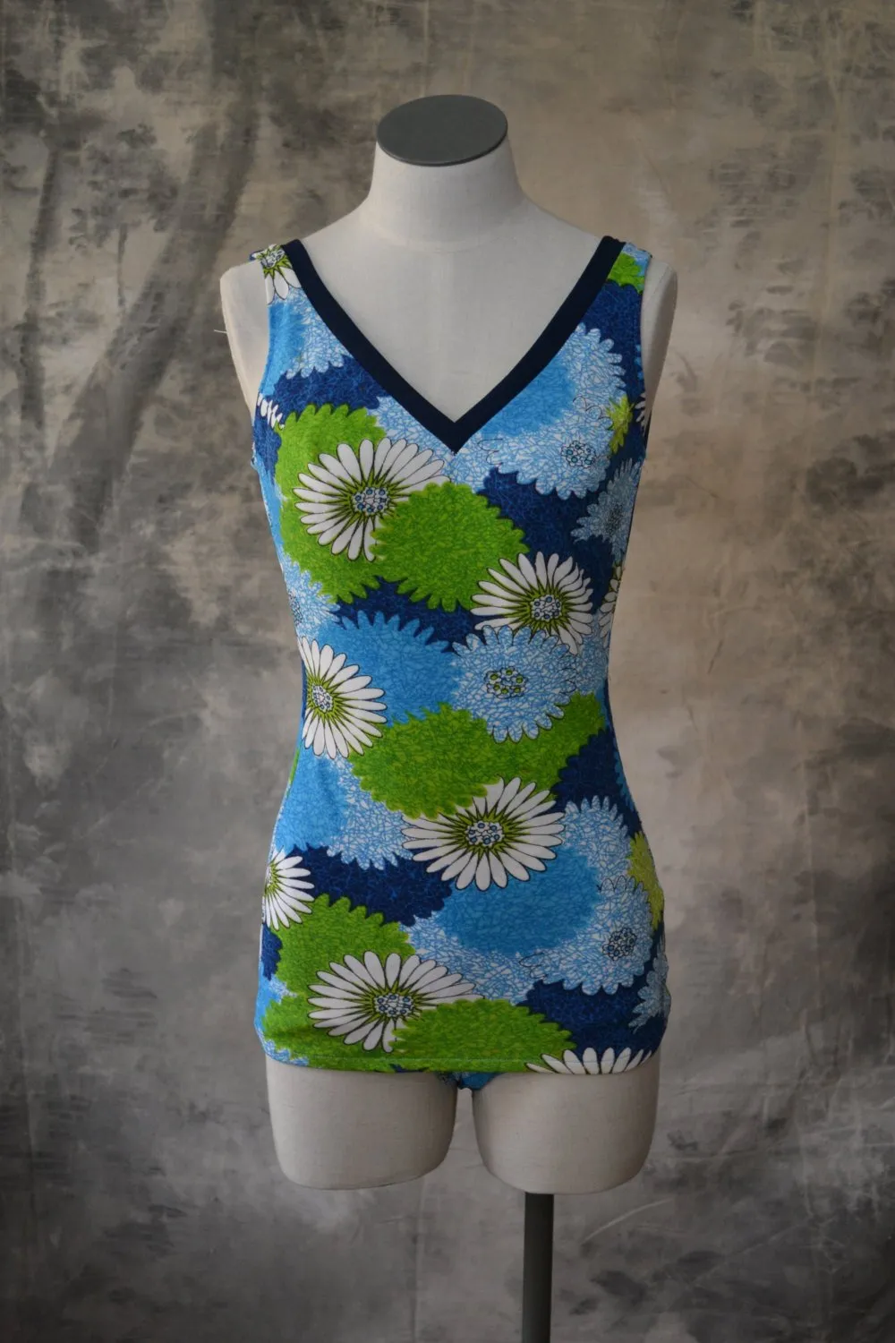 1960s Swim Suit Blue and Green Flower Print