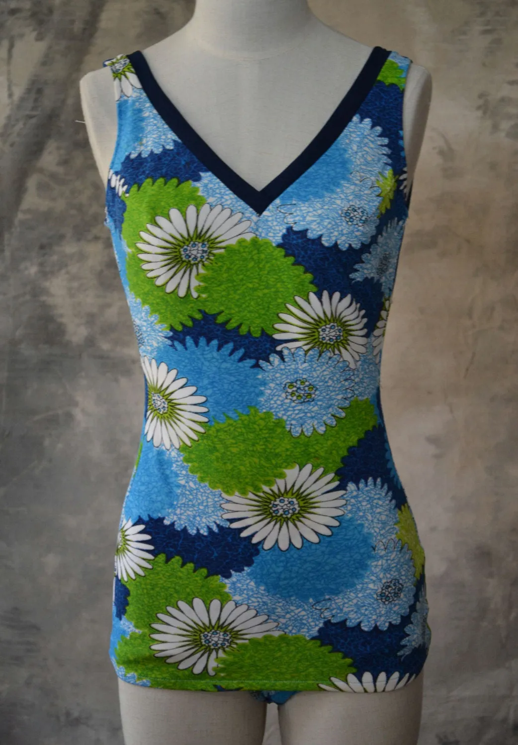 1960s Swim Suit Blue and Green Flower Print