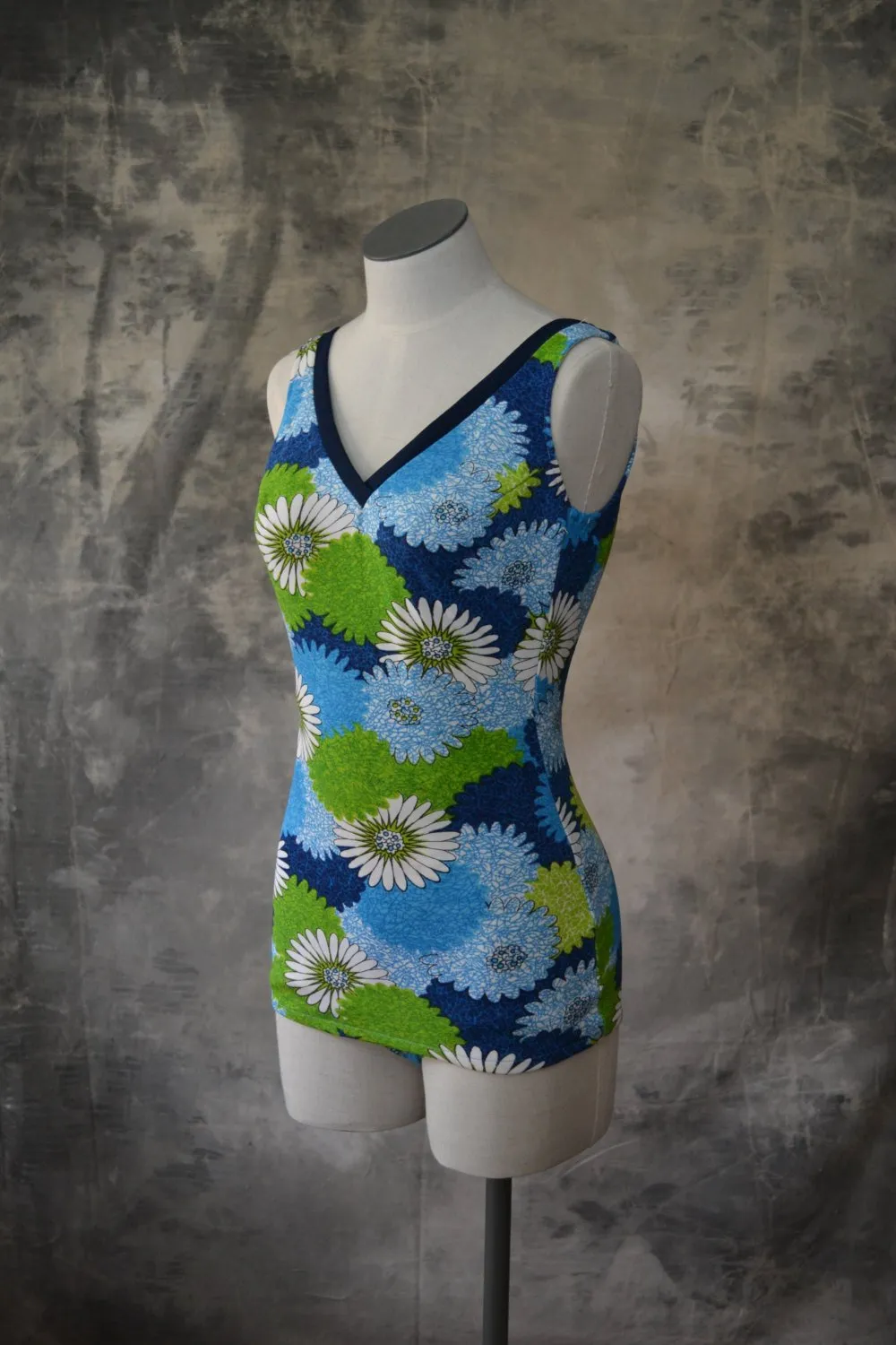 1960s Swim Suit Blue and Green Flower Print