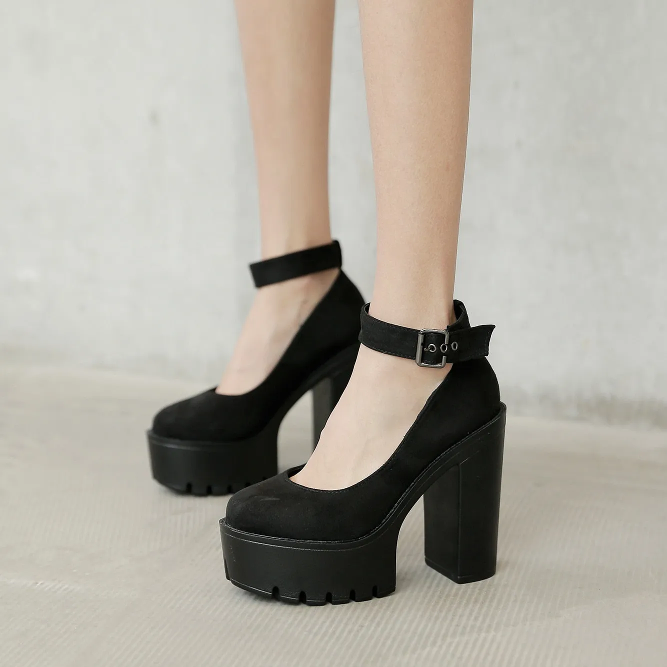 5cm Waterproof Platform New Fashion Round Toe Pumps Square High Heels Ankle Strap rushed Sexy Women Shoes