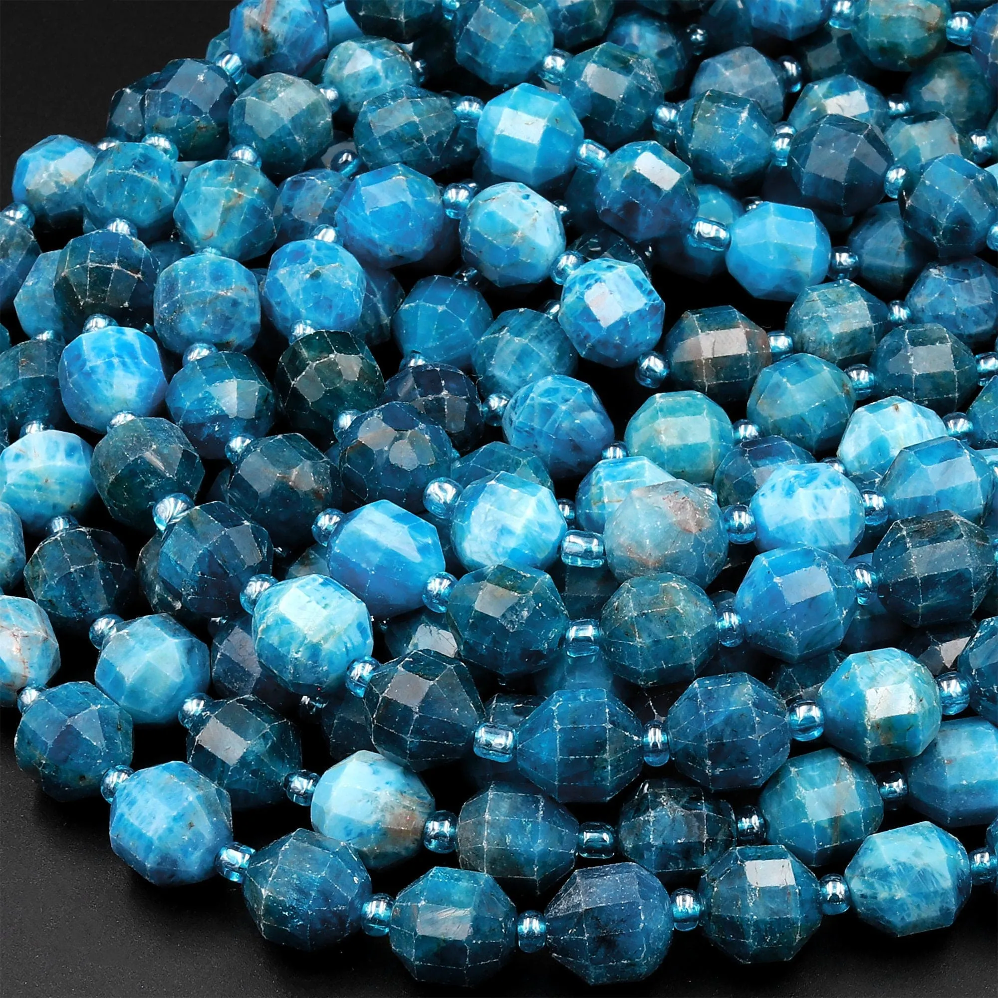 AA Natural Apatite 8mm 10mm Beads Faceted Energy Prism Double Terminated Points 15.5" Strand