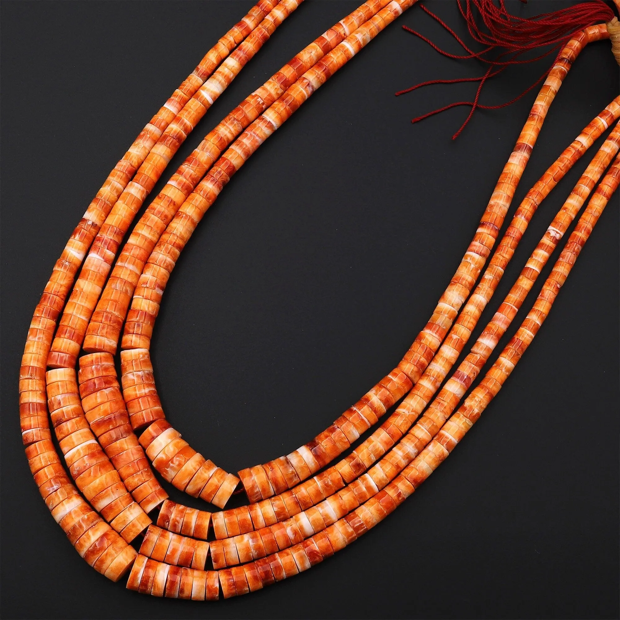 AAA Graduated Natural Orange Spiny Oyster Thin Rondelle Heishi Beads Gemstone 15.5" Strand