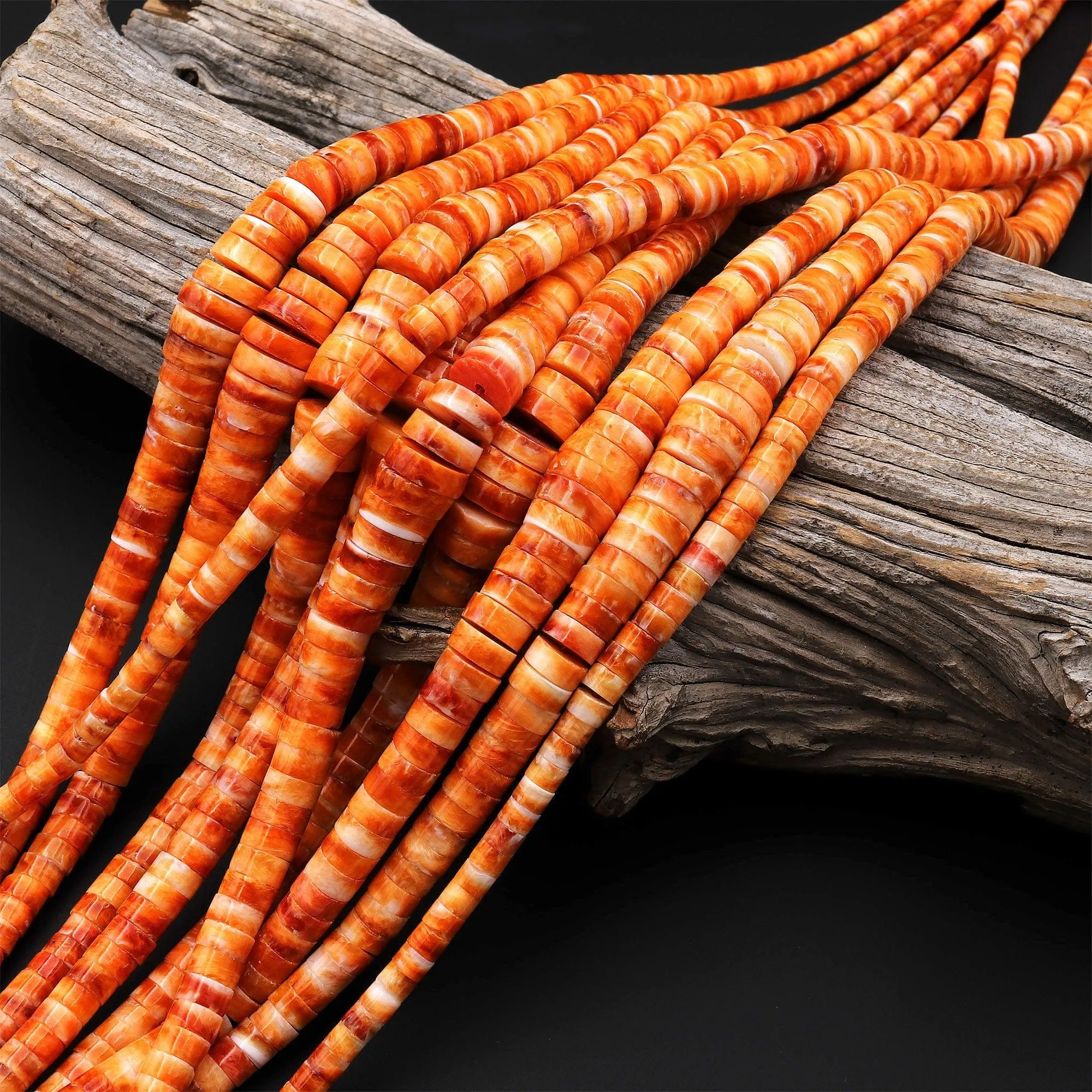 AAA Graduated Natural Orange Spiny Oyster Thin Rondelle Heishi Beads Gemstone 15.5" Strand