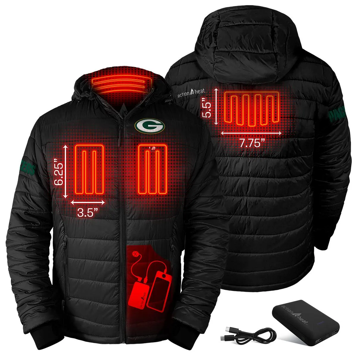 ActionHeat Green Bay Packers 5V Men's Puffer Battery Heated Jacket