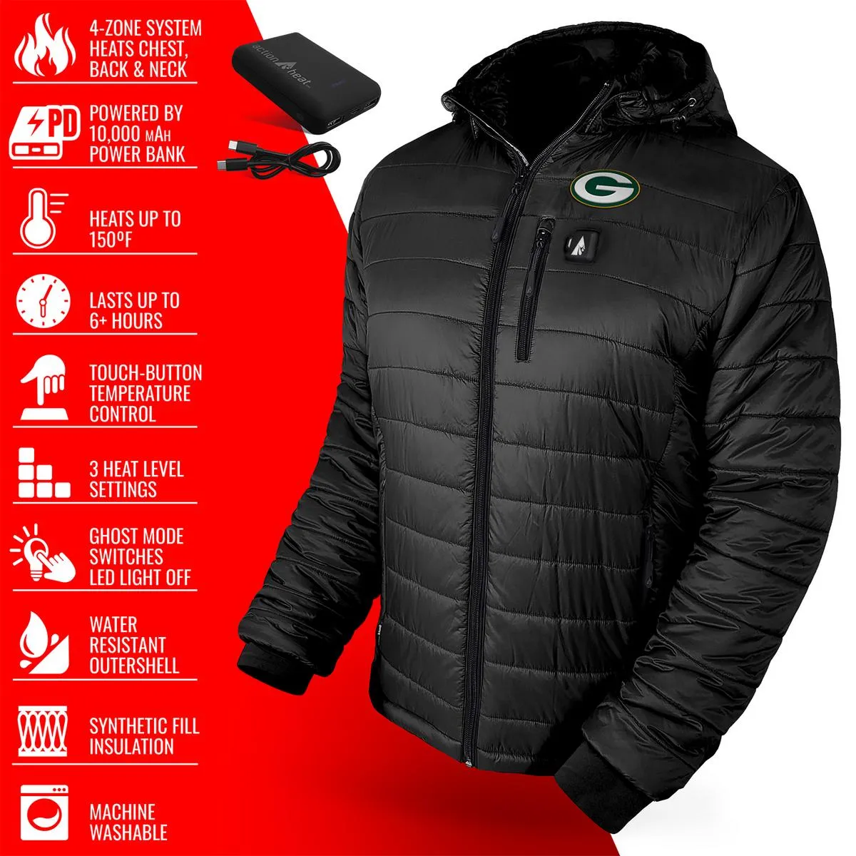 ActionHeat Green Bay Packers 5V Men's Puffer Battery Heated Jacket