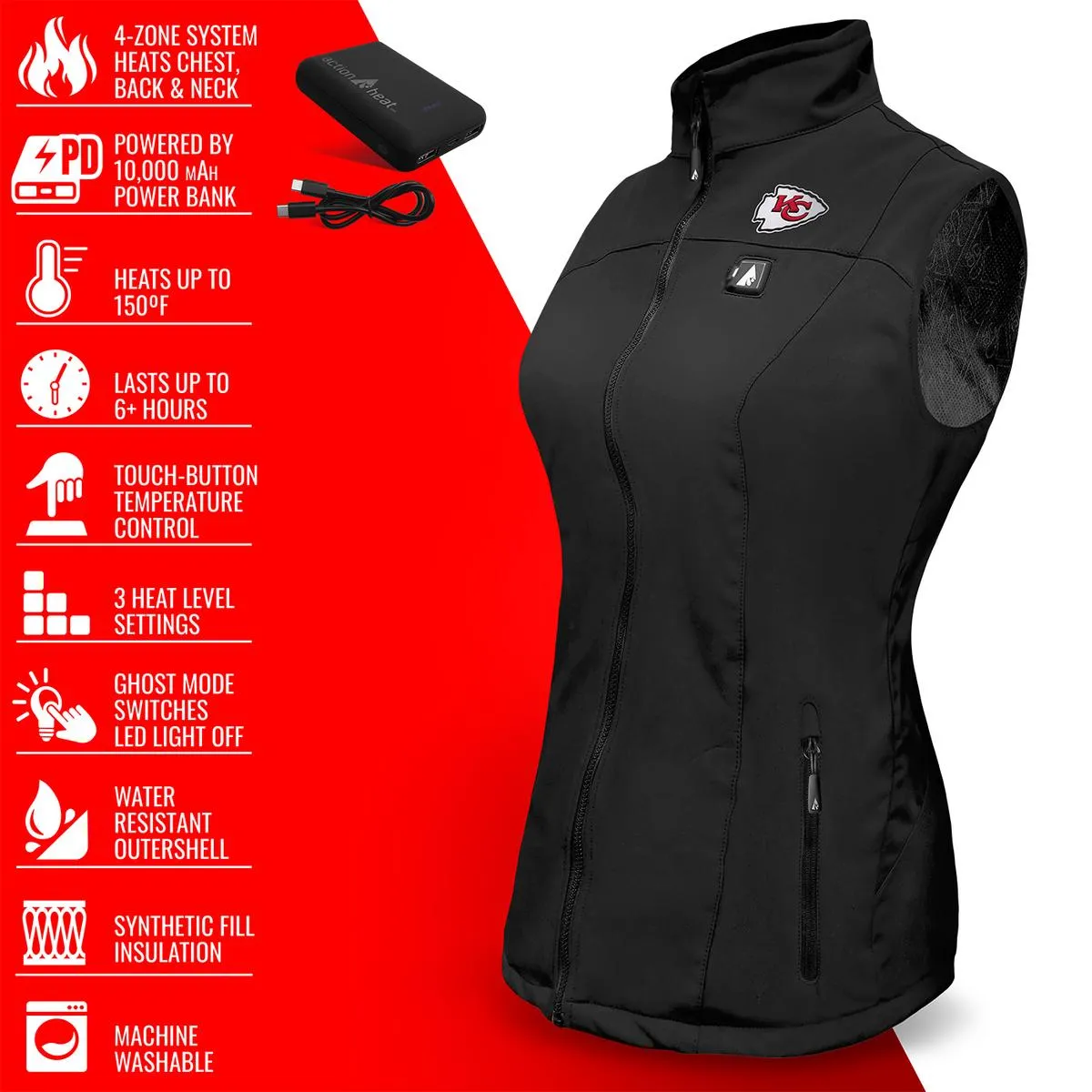 ActionHeat Kansas City Chiefs 5V Women's Softshell Battery Heated Vest