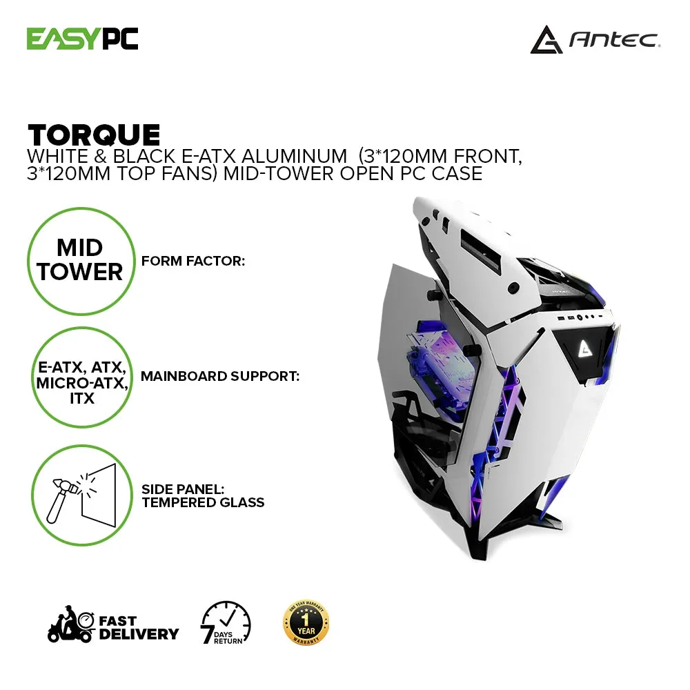 Antec Torque White & Black E-ATX (3*120mm Front, 3*120mm Top Fans) 19GLO ANTO2641 Aluminum Mid-Tower Open Gaming PC Case