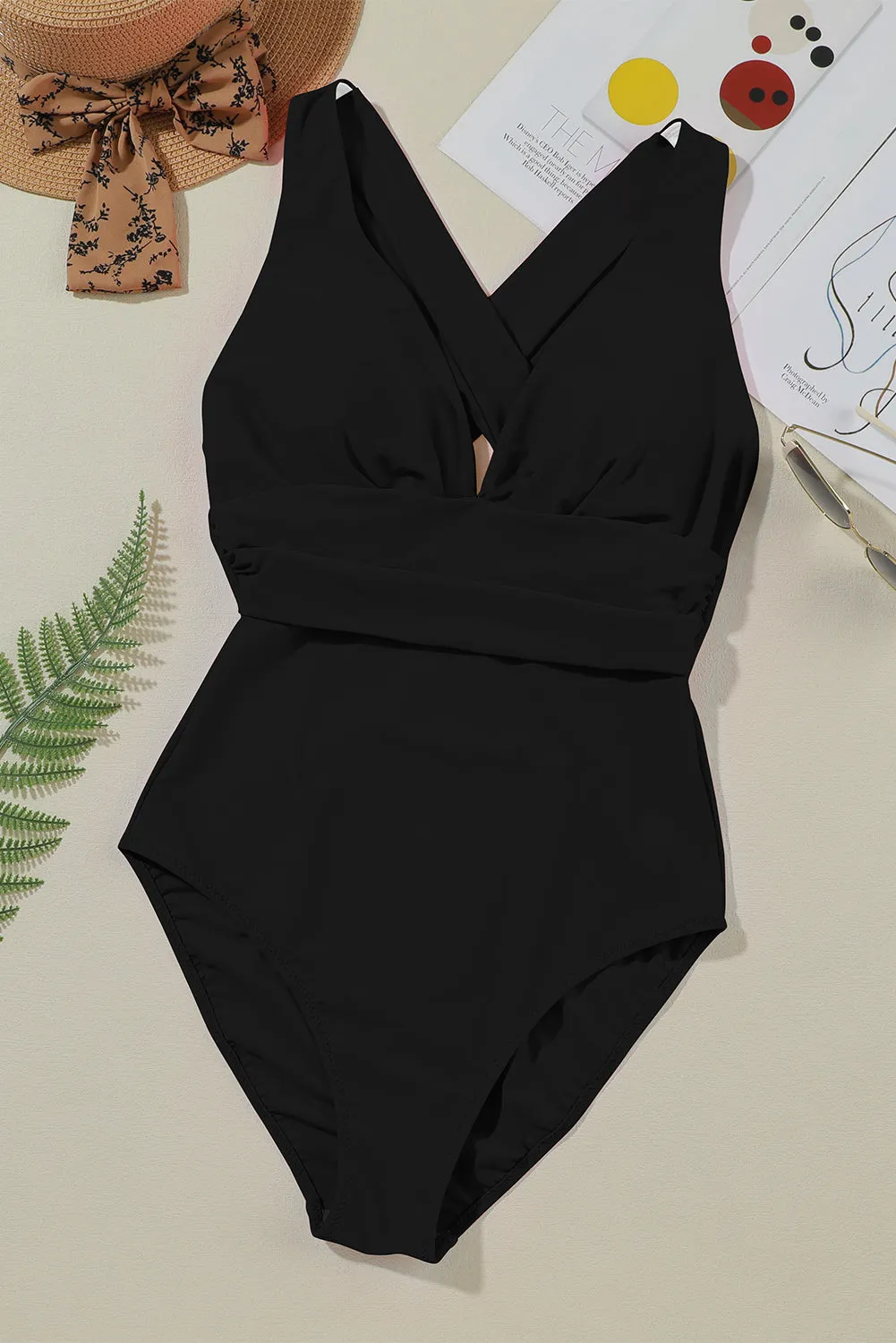 Black Deep V Neck Backless High Cut Monokini Swimsuit