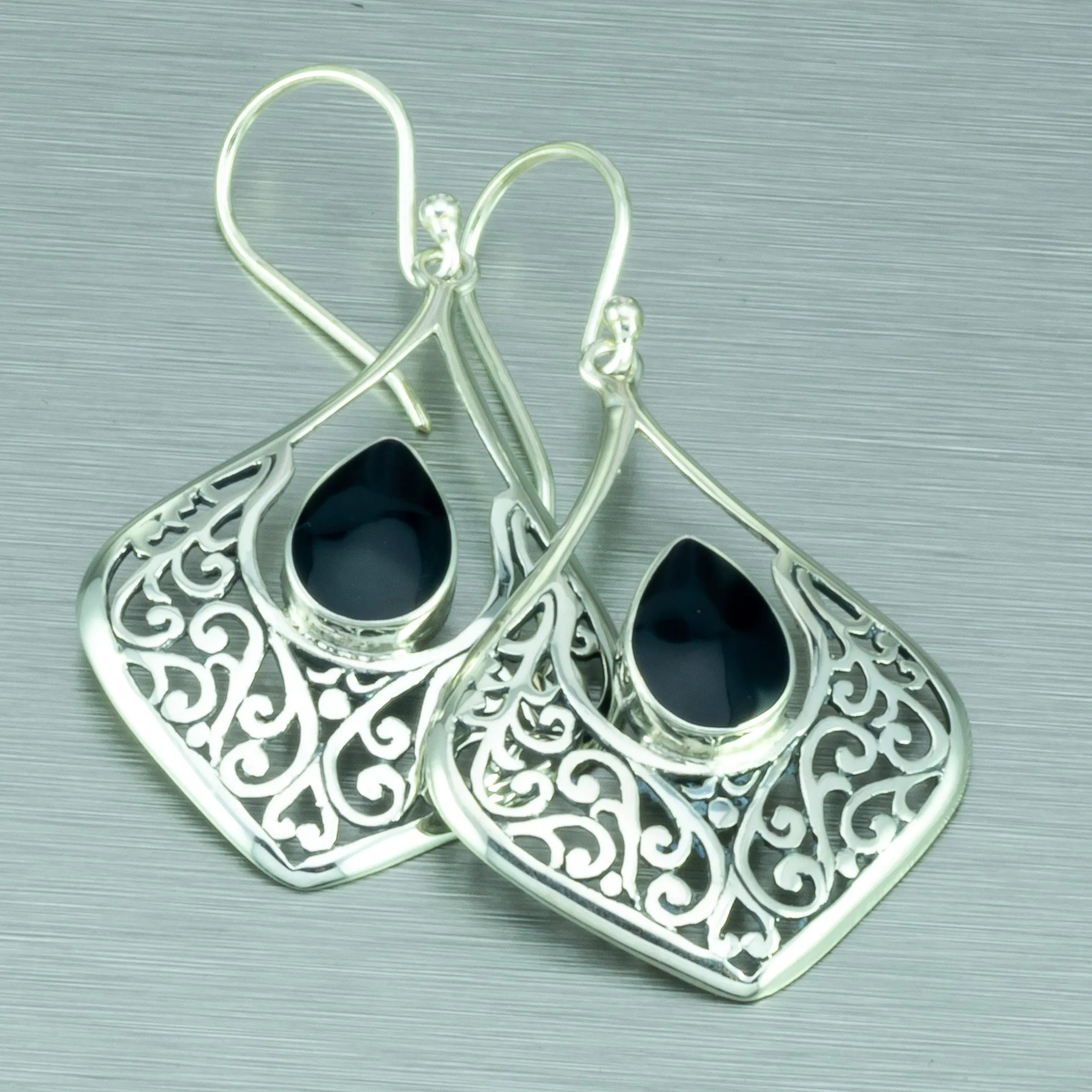 Black shell sterling silver Balinese earrings