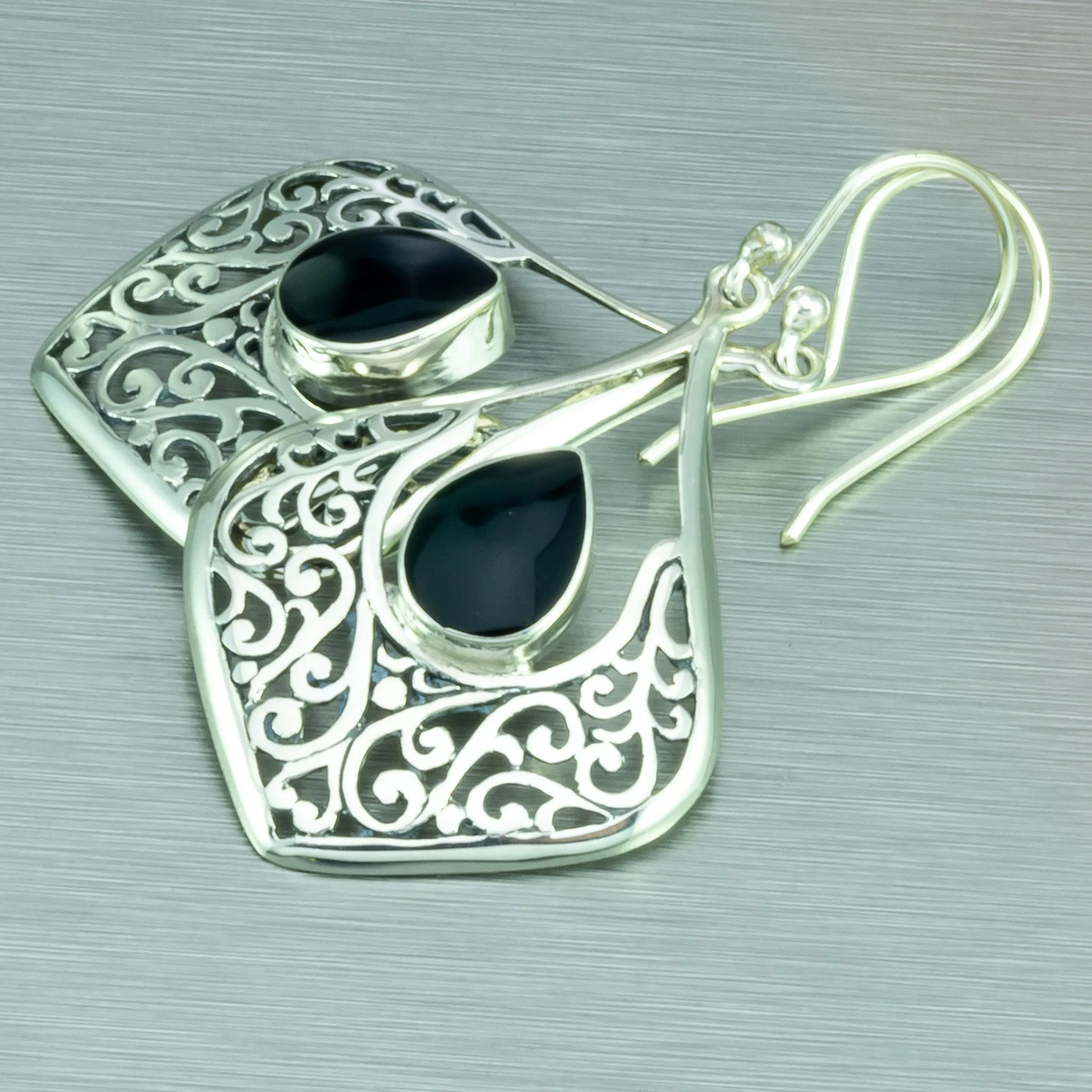 Black shell sterling silver Balinese earrings