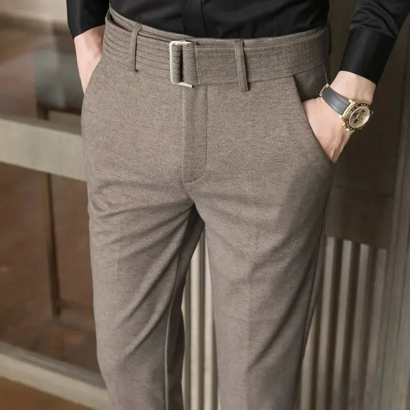 BONSIR  -  Autumn and Winter Men's Fashion Solid Color Fabric Casual Thickened Wool Business Brushed Straight Tube Versatile Pants