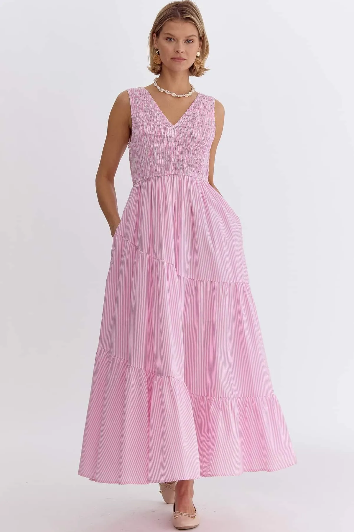 Bow Back Seersucker Smocked Maxi Dress - Light Pink