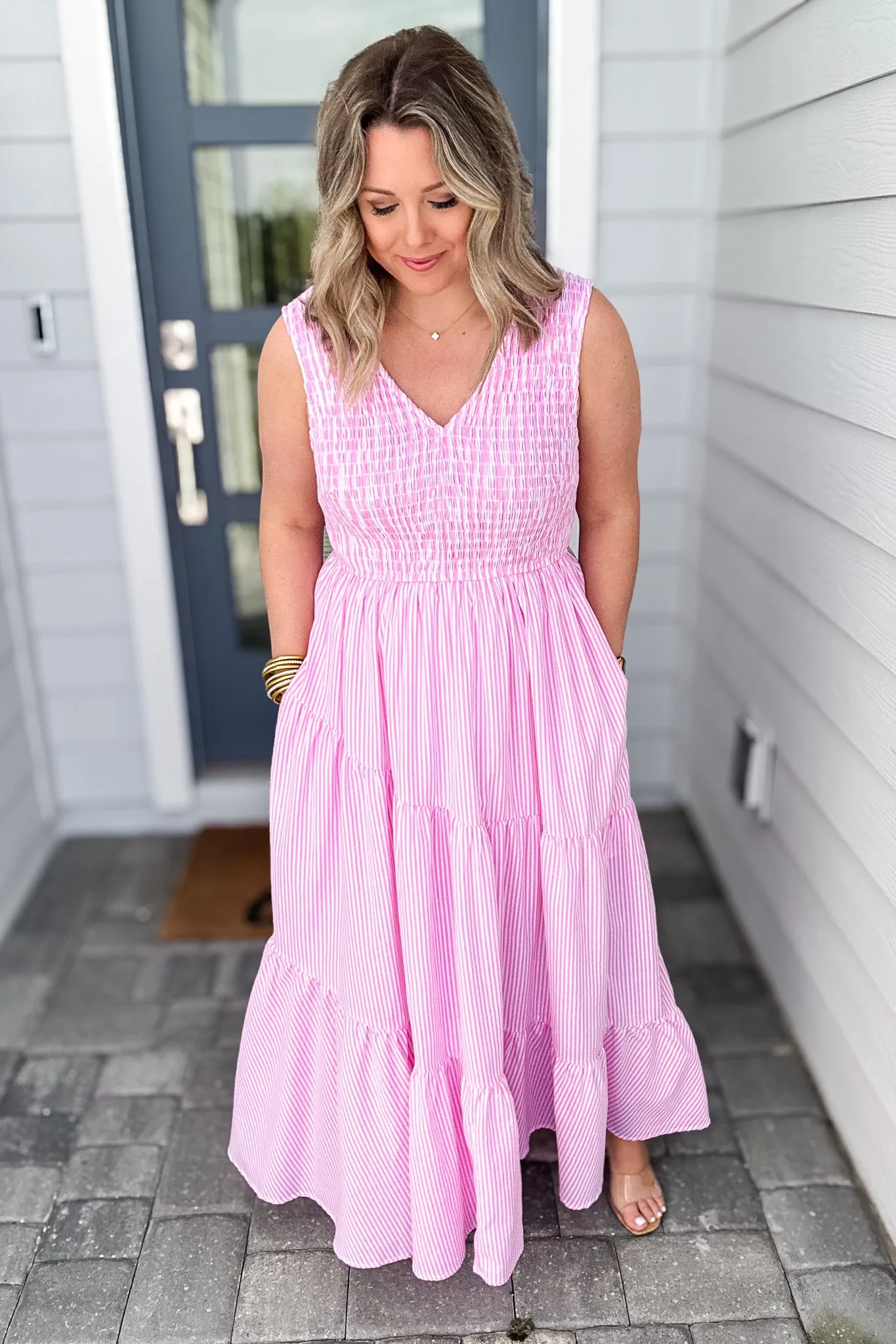 Bow Back Seersucker Smocked Maxi Dress - Light Pink