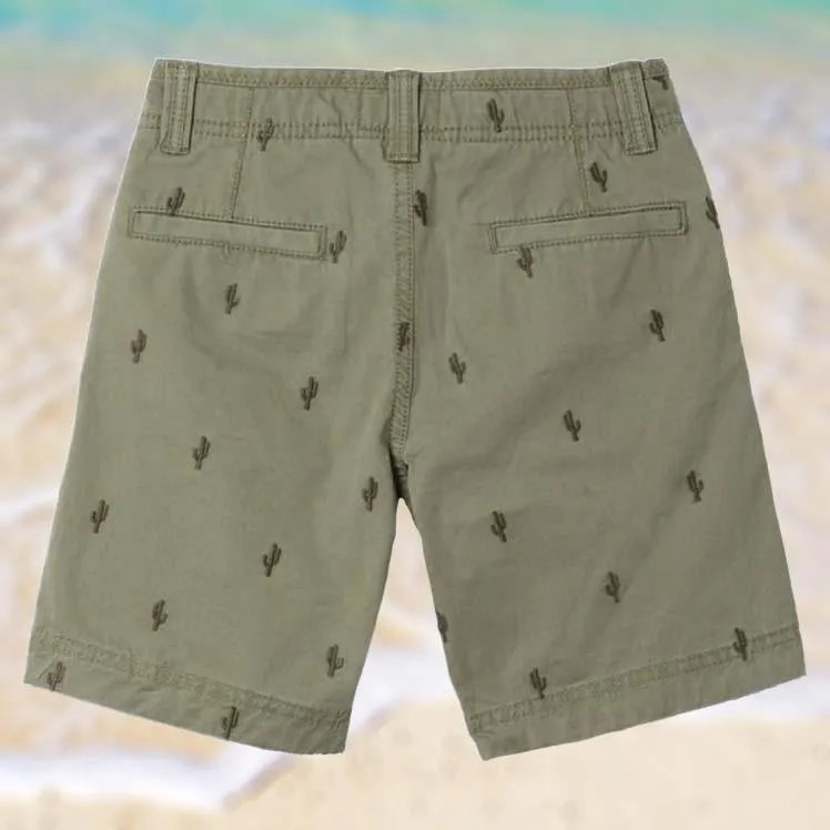 Boys Khaki Green Cactus Print Everyday Shorts with Pockets