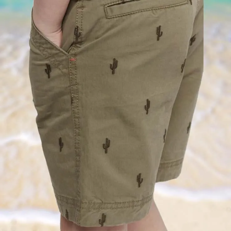 Boys Khaki Green Cactus Print Everyday Shorts with Pockets