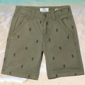 Boys Khaki Green Cactus Print Everyday Shorts with Pockets