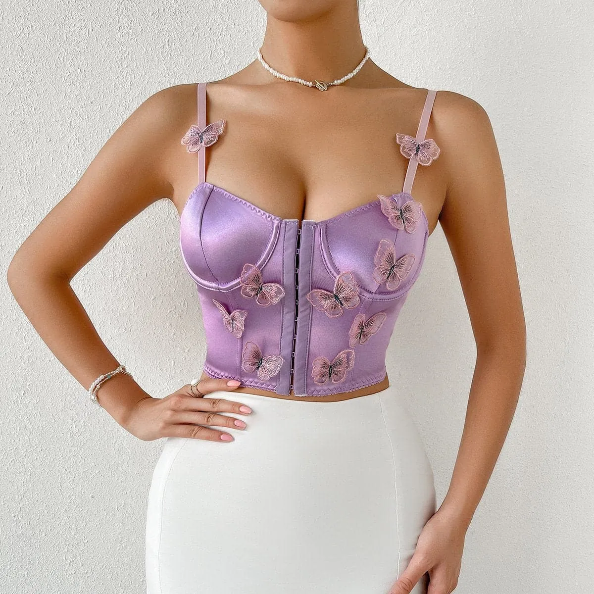 Butterfly applique button bustier satin low cut cami top