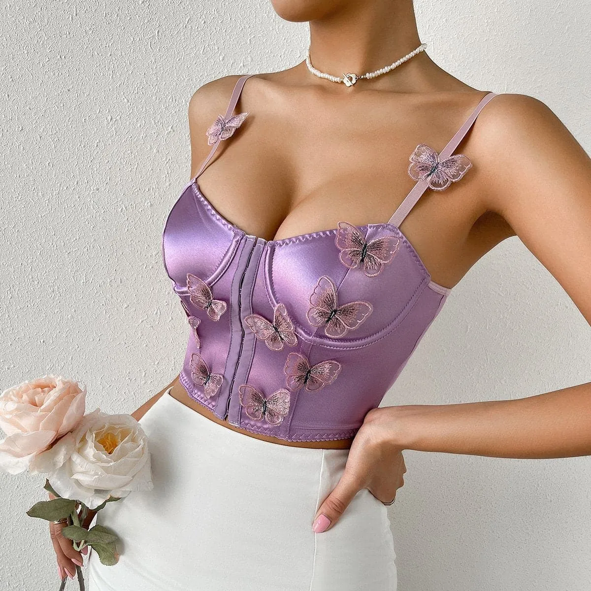 Butterfly applique button bustier satin low cut cami top