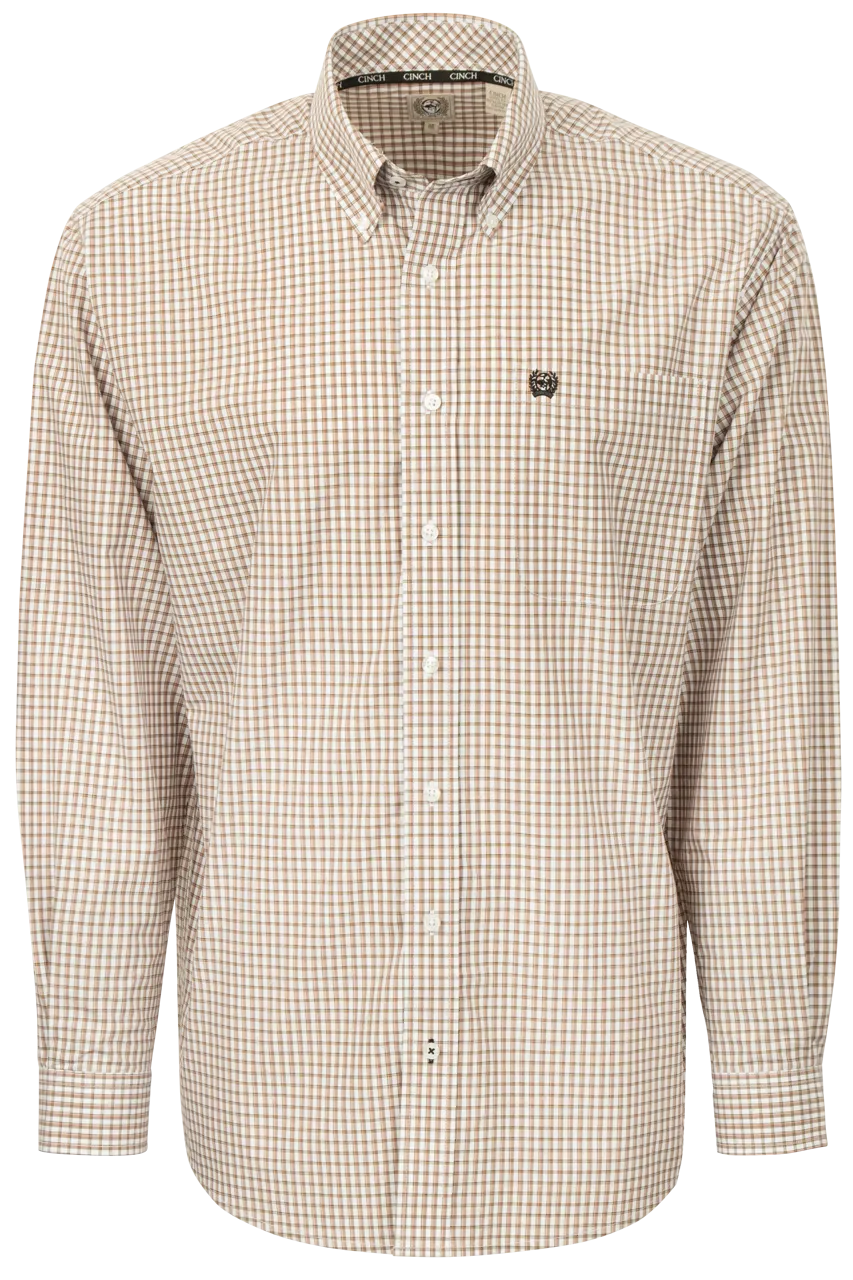 Cinch Woven Check Button-Front Shirt - Khaki