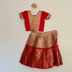 Comfortable Katan Silk Lehenga in Gold and Red |1-2 Yrs