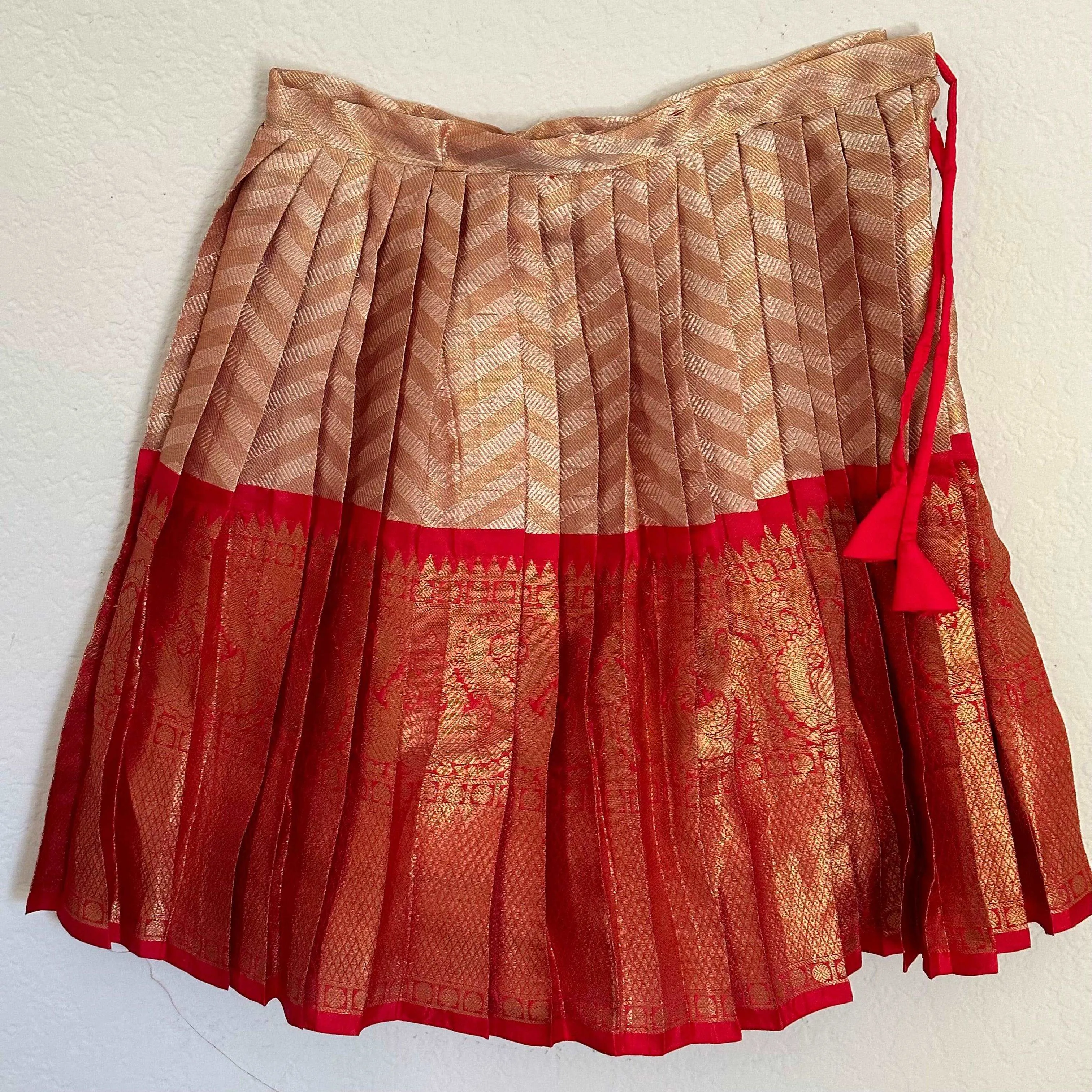 Comfortable Katan Silk Lehenga in Gold and Red |1-2 Yrs