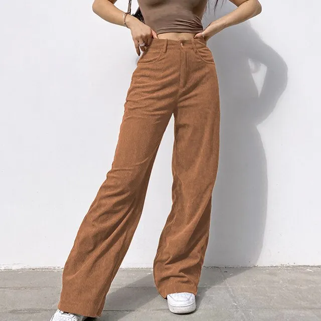 Corduroy Joggers Women Cargo Pants Streetwear Caramel Brown Low Waist Wide Leg Pants Straight Casual Baggy Trousers Female