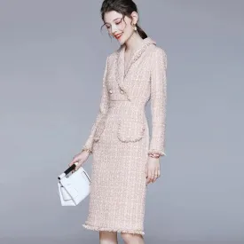 Elegant Pink Tweed Tassel Dress – Slim Fit Long Sleeve One-Piece for Spring & Autumn