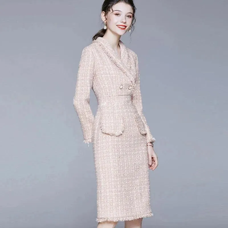 Elegant Pink Tweed Tassel Dress – Slim Fit Long Sleeve One-Piece for Spring & Autumn