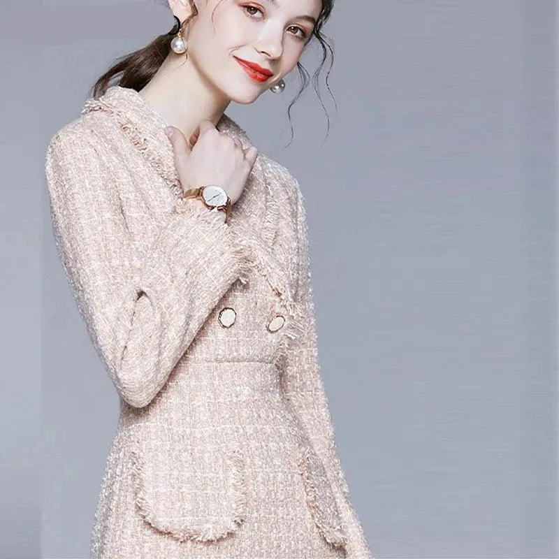 Elegant Pink Tweed Tassel Dress – Slim Fit Long Sleeve One-Piece for Spring & Autumn