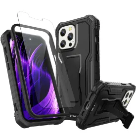 FITO for Apple iPhone 13 Pro Case, Dual Layer Shockproof Heavy Duty Case with Tempered Glass Screen Protector and Built in Kickstand