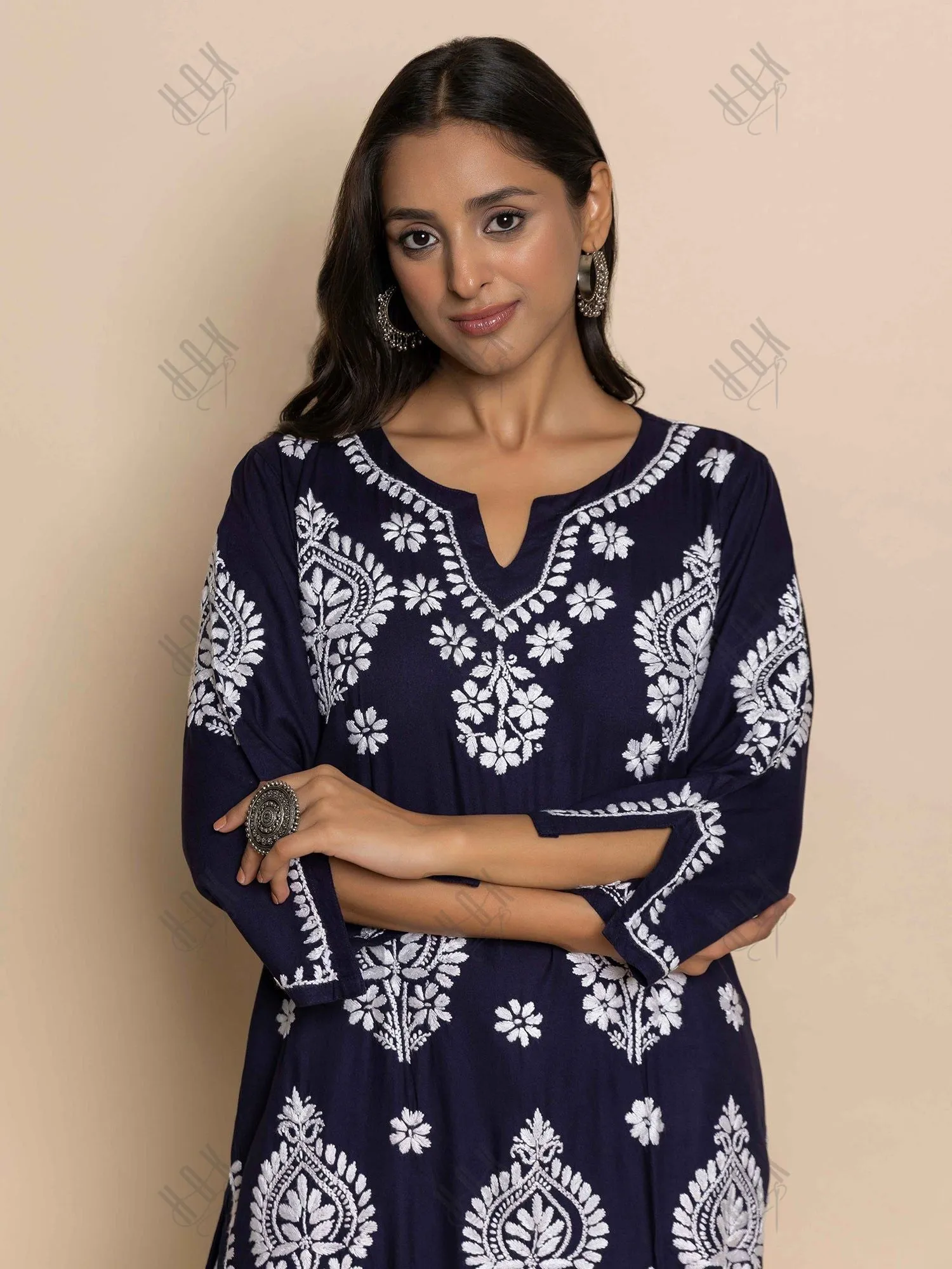 Fizaa Chikankari Kurta in Rayon Cotton Notch Neck Navy blue