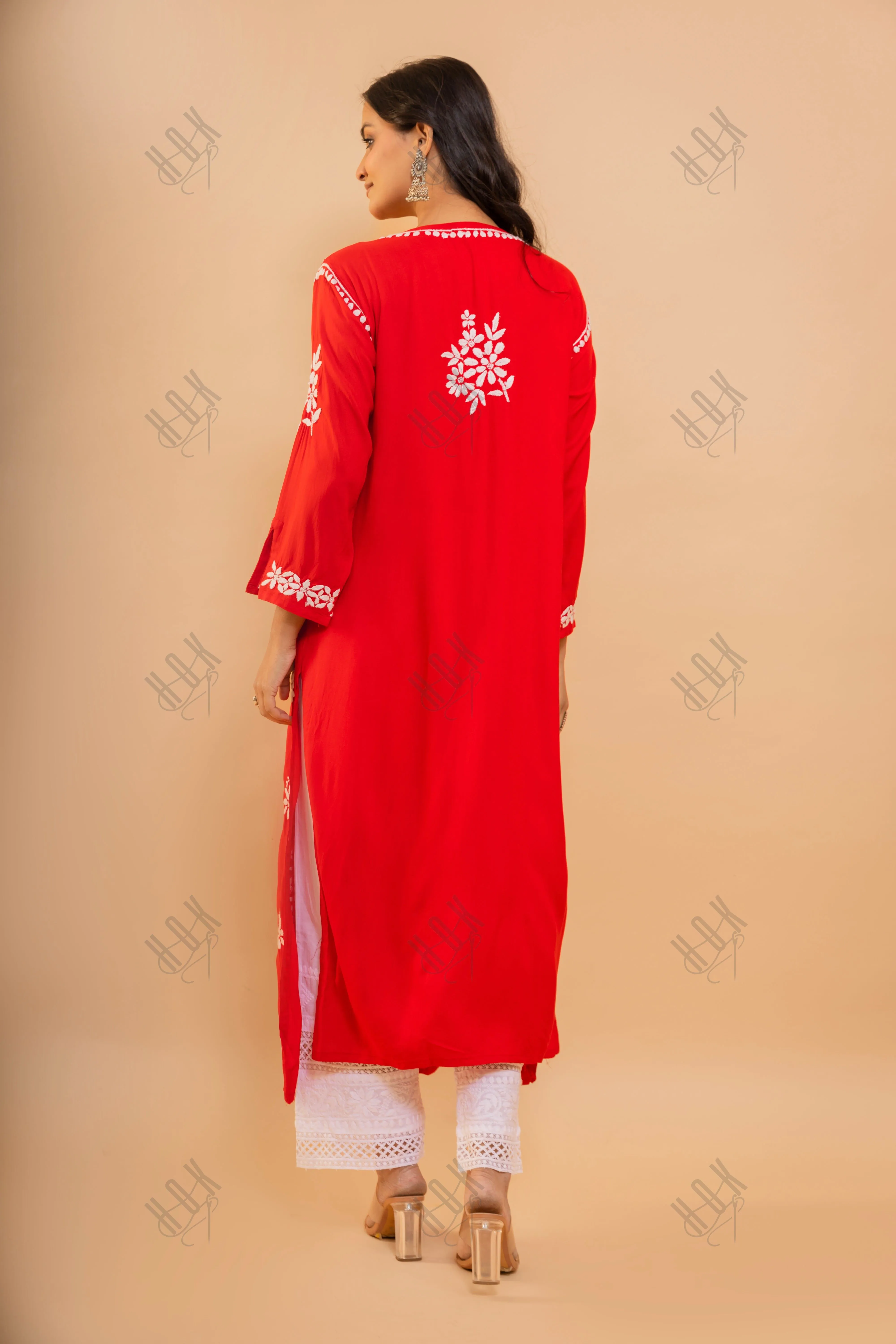 Fizaa Chikankari Kurta in Rayon Cotton V Neck Red