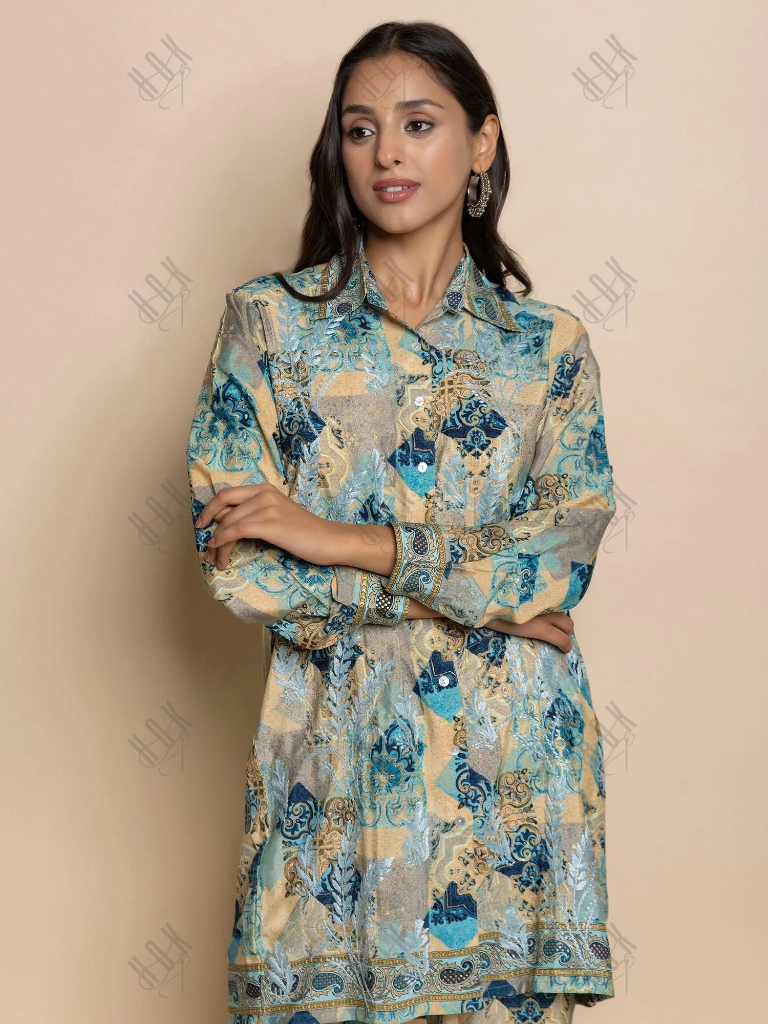 Fizaa Hand embroidered chikankari Kurta in Poly Silk Blue