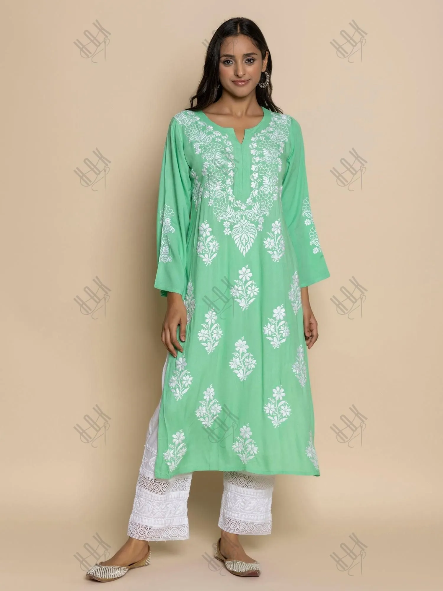 Fizaa Hand Embroidered Chikankari Kurta in Sea Green