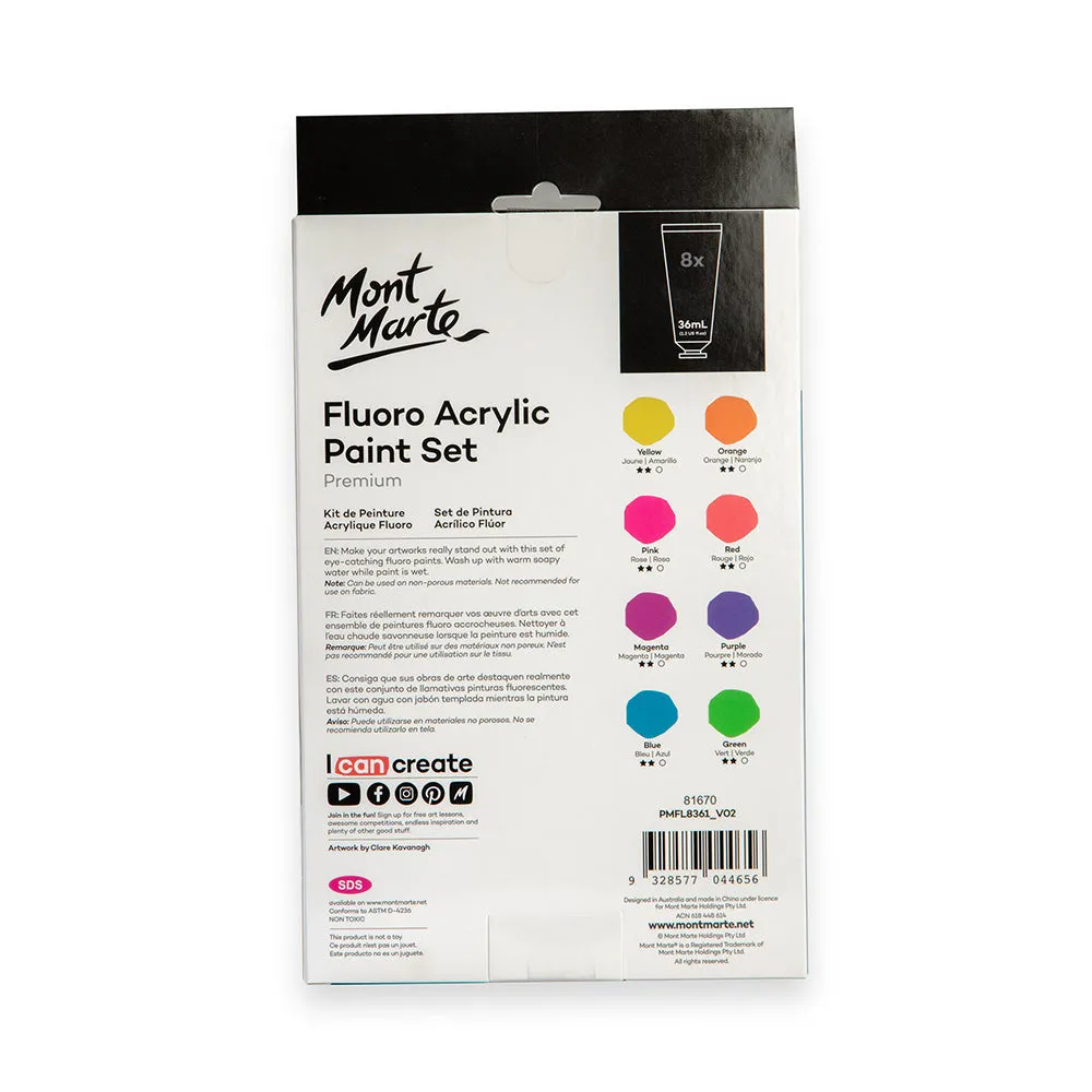 Fluoro Acrylic Paint Set Premium 8pc x 36ml (1.2 US fl.oz)