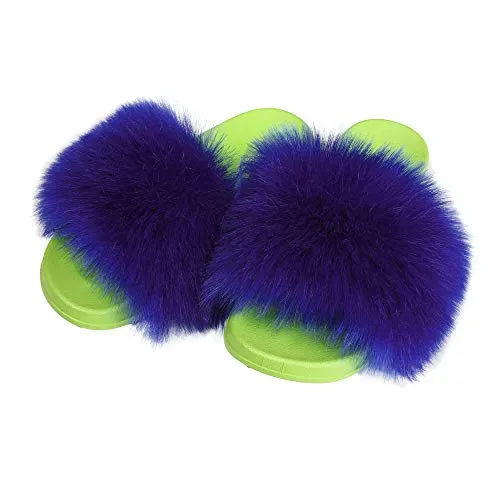 Fur Story ladies blue faux fur slippers, outdoor furry sandals