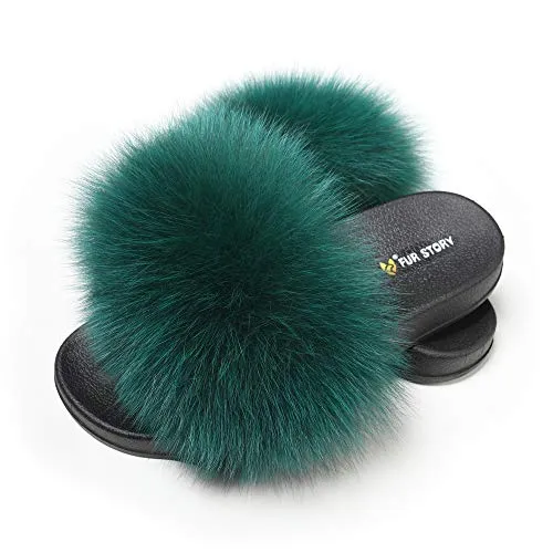 Fur Story Ladies Fox Fur Outdoor Fluffy Slippers