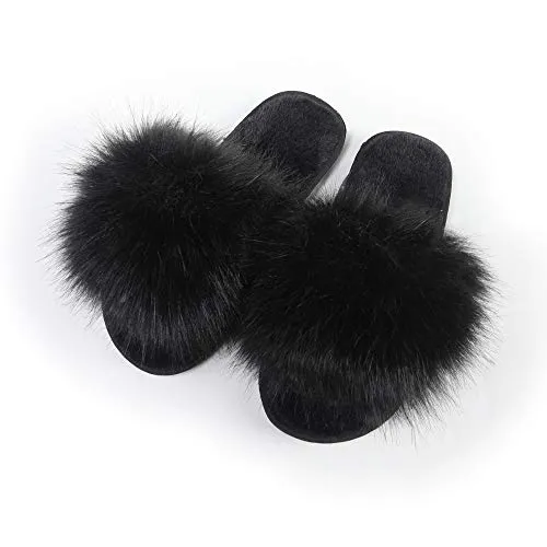 Fur Story Women's Faux Fur Slippers Soft Flat Slide Sandals Indoor Outdoor