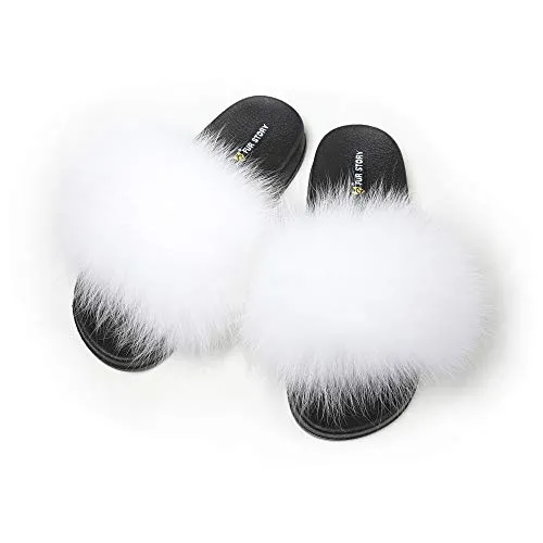 Fur Story Women's Fox Fur Slides Furry Slide for Outdoor Fluffy Sandals Open Toe Fur Slippers (White, 11)