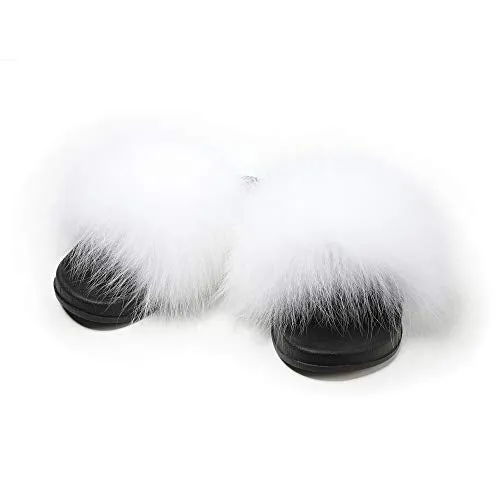 Fur Story Women's Fox Fur Slides Furry Slide for Outdoor Fluffy Sandals Open Toe Fur Slippers (White, 11)