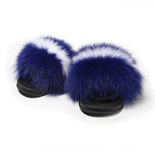 Fur Story Women's Fox Fur Slides Furry Slide for Outdoor Fluffy Sandals Open Toe Fur Slippers