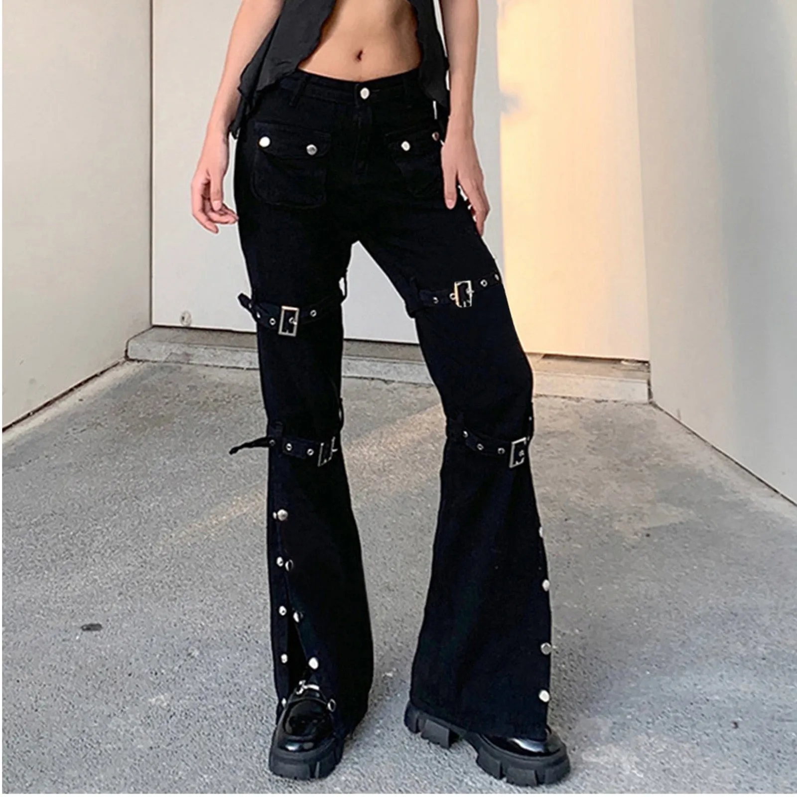 Gothic Emo Alt Cargo Pants Techwear Hippie Baggy Jeans Mom Goth Punk Black Denim Trousers