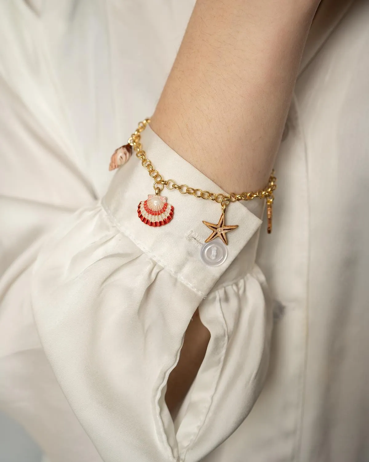 Hand Painted Shell Worn Gold Charm Bracelet