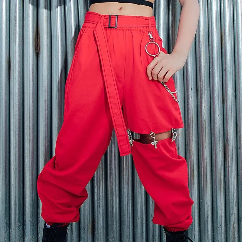 HH170 Hip Hop Dance Costume -Red Sequined Single-Sleeved Top-Hollow Leg Cargo Pants