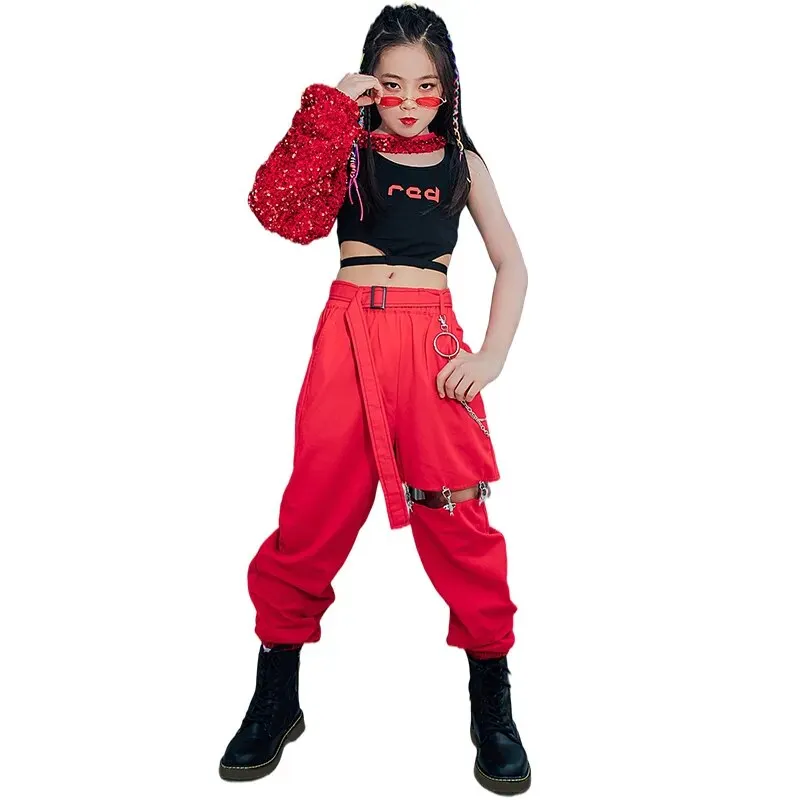 HH170 Hip Hop Dance Costume -Red Sequined Single-Sleeved Top-Hollow Leg Cargo Pants