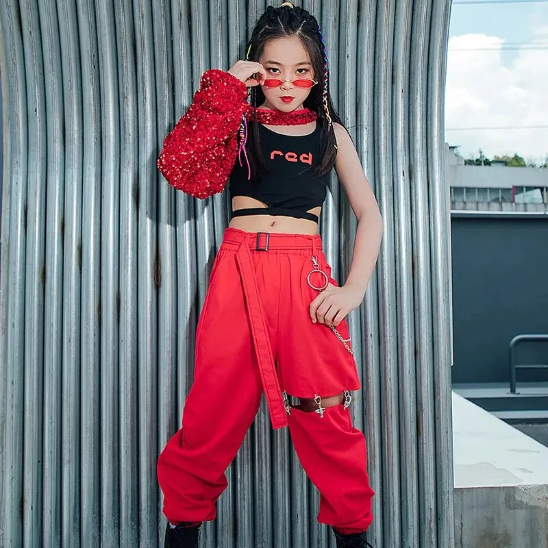 HH170 Hip Hop Dance Costume -Red Sequined Single-Sleeved Top-Hollow Leg Cargo Pants