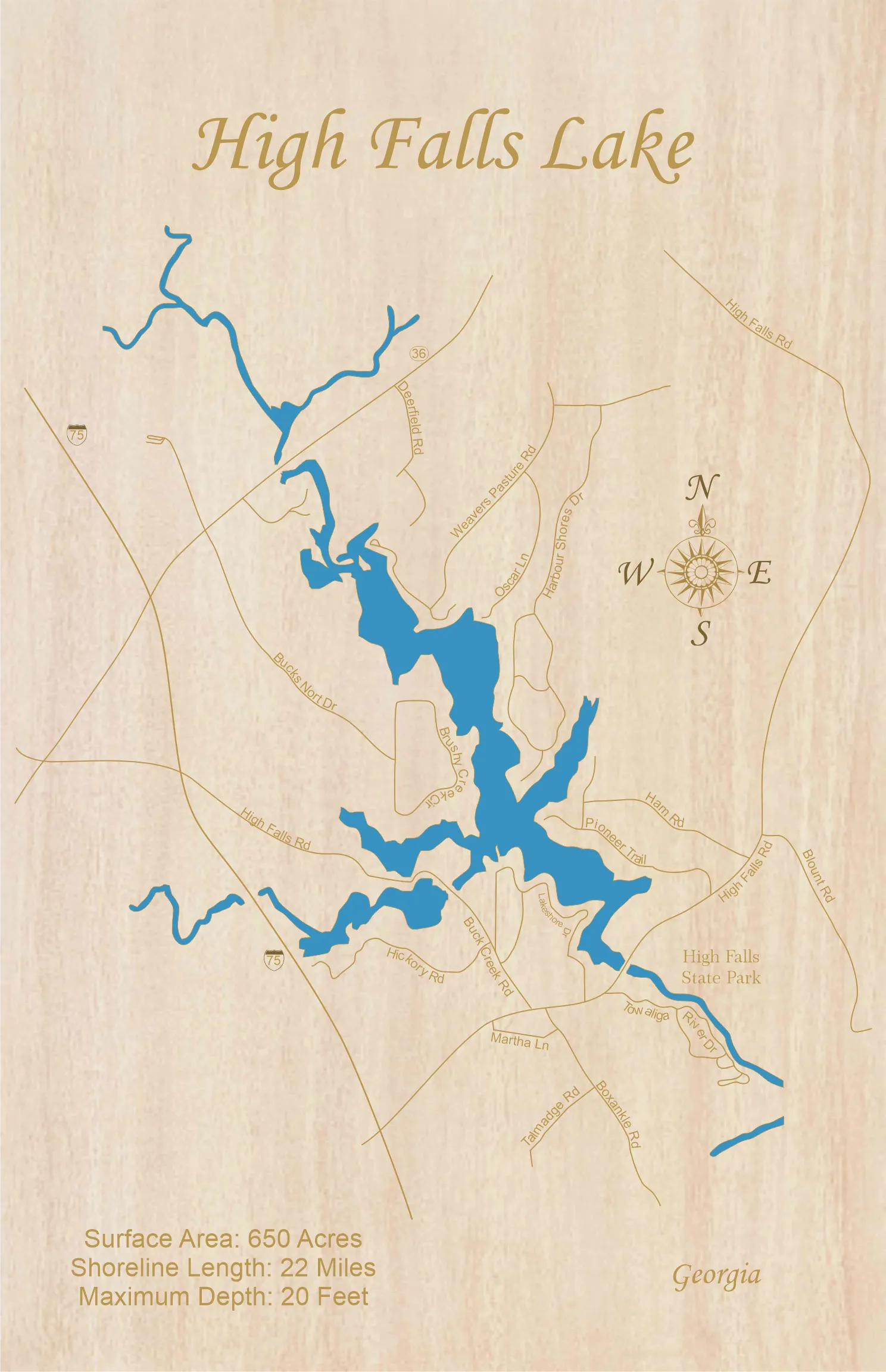 High Falls Lake, Georgia - Laser Cut Wood Map