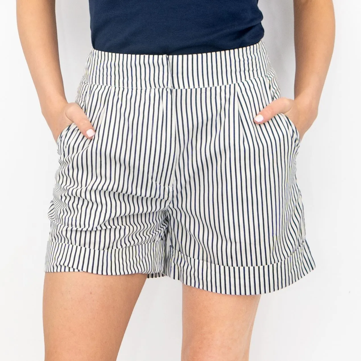 I Saw It First Women White Blue Stripe Casual Shorts with Pockets